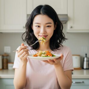 위염 증상 완화하는 음식을 먹고있는 귀여운 한국여성