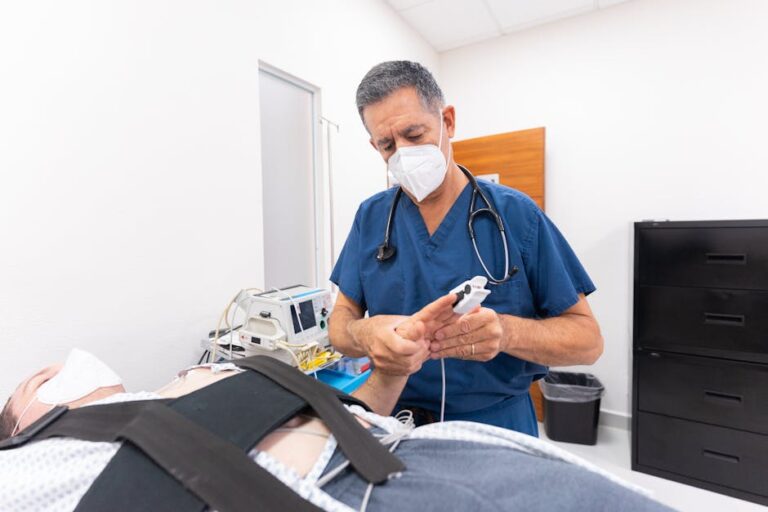 Doctor conducting a medical procedure in a hospital setting, focusing on patient care and diagnostics.
