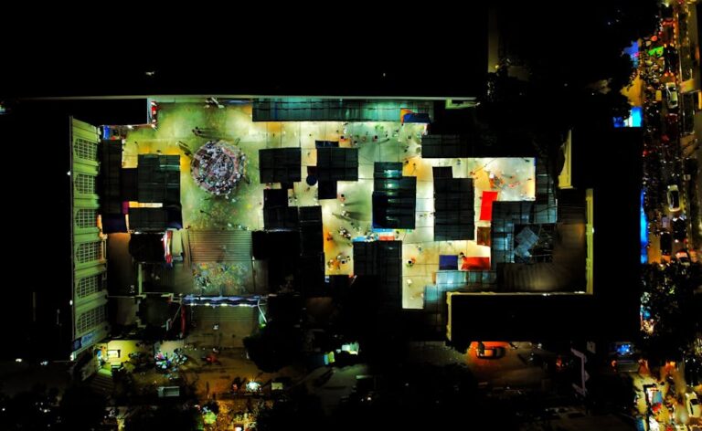 Illuminated aerial view of a vibrant marketplace in Dhaka, highlighting urban nightlife.