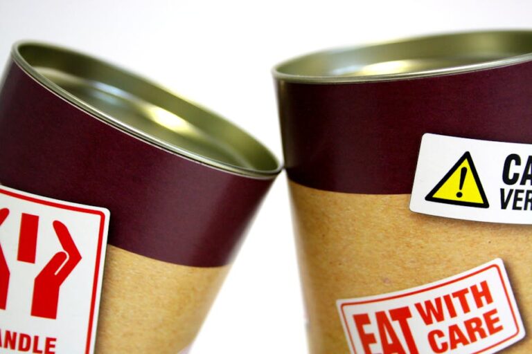Close-up view of warning labels on canned food containers indicating caution and safety.